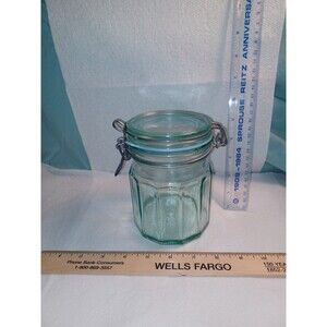 Beautiful VTG Hermetic Blue Tint Glass Canister Jar Made In Italy 5.5” Tall